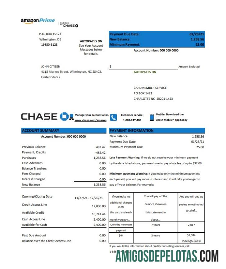Exemplo de extrato de cartão de crédito Chase dos EUA